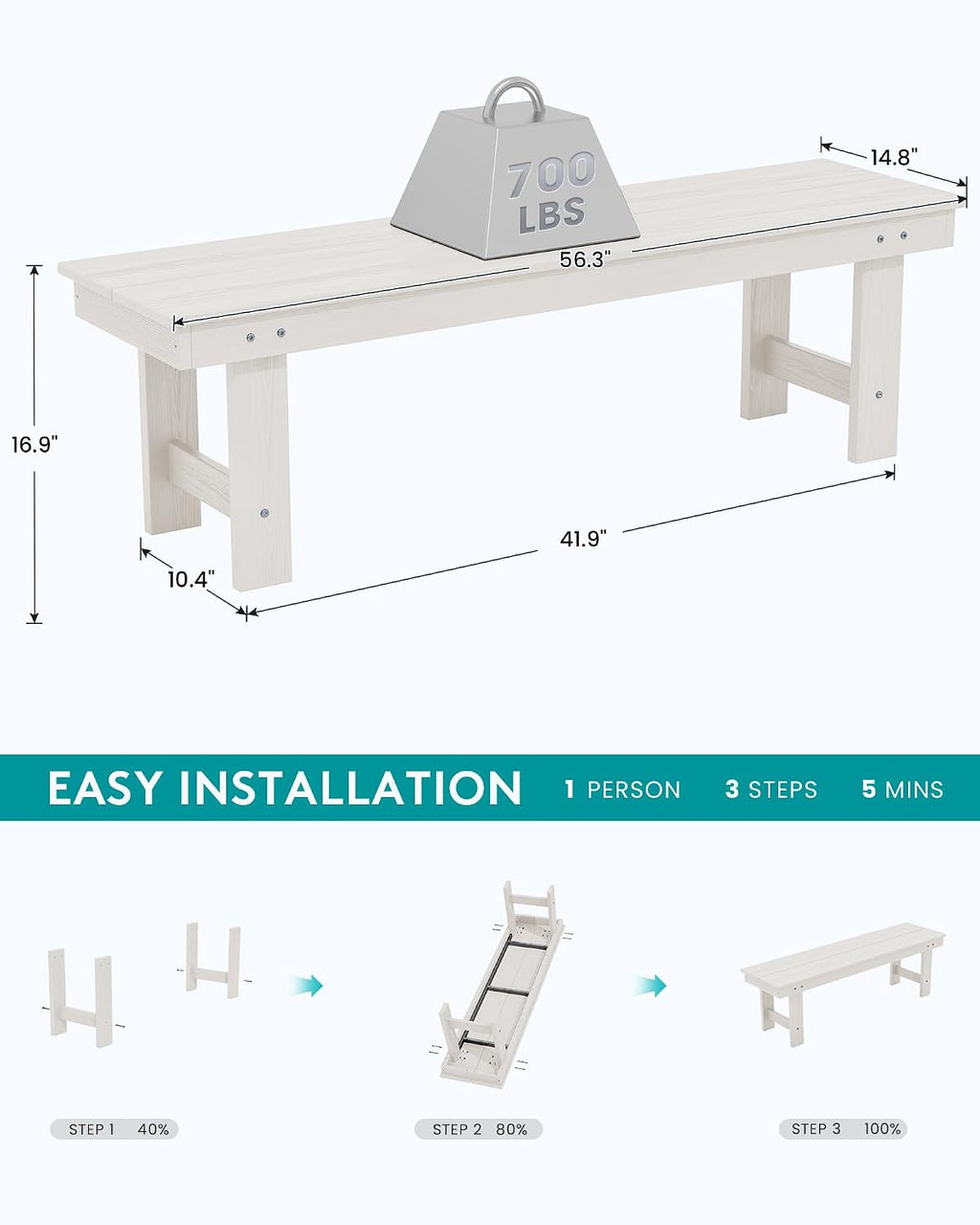 White HDPE Two‑Person Backless Bench