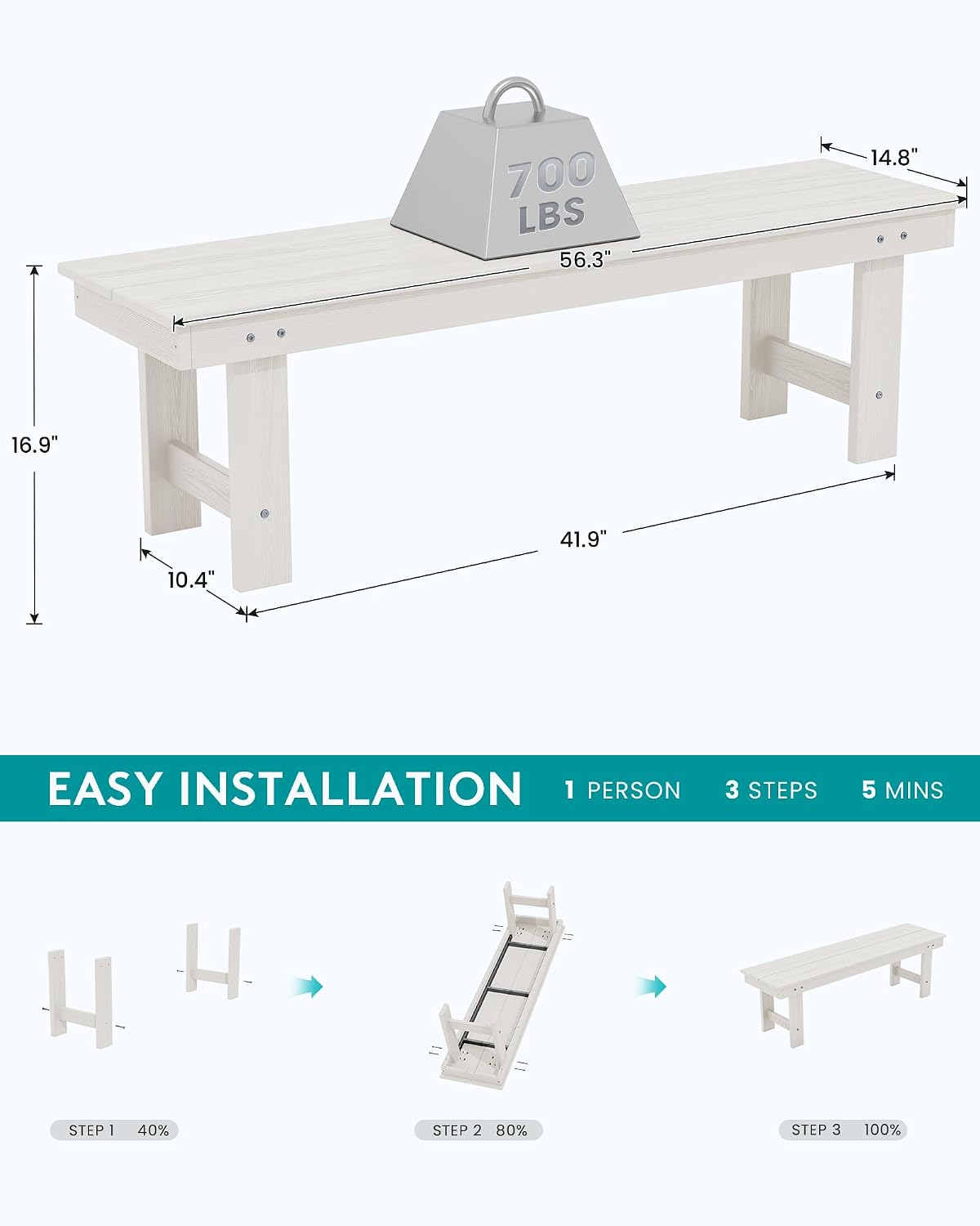 White HDPE Two‑Person Backless Bench