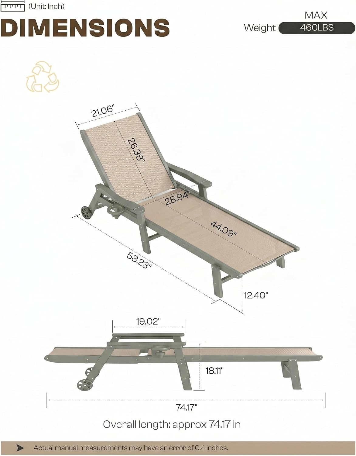 HDPE Adjustable Wheeled Outdoor Lounge Chairs