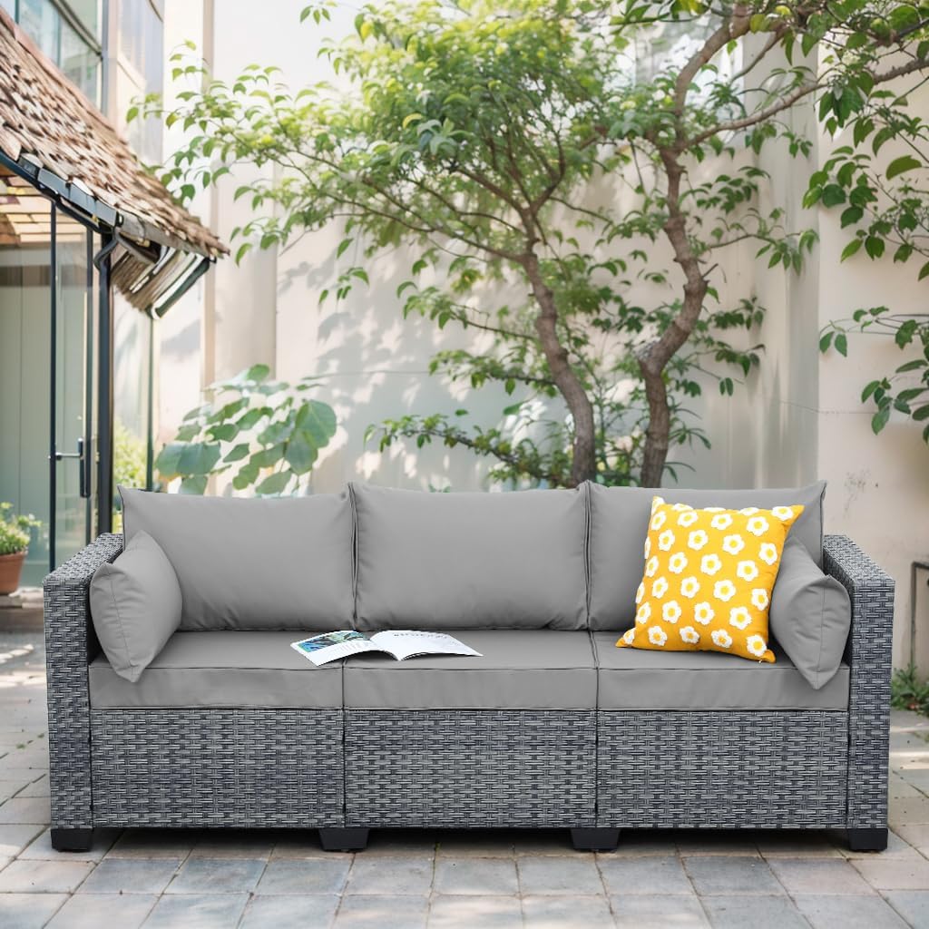 Cushioned Wicker 3‑Seater Outdoor Patio Sofa