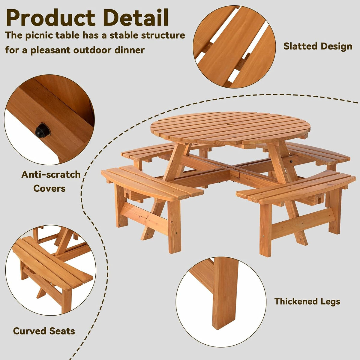 Wooden Round Outdoor Picnic Table Set