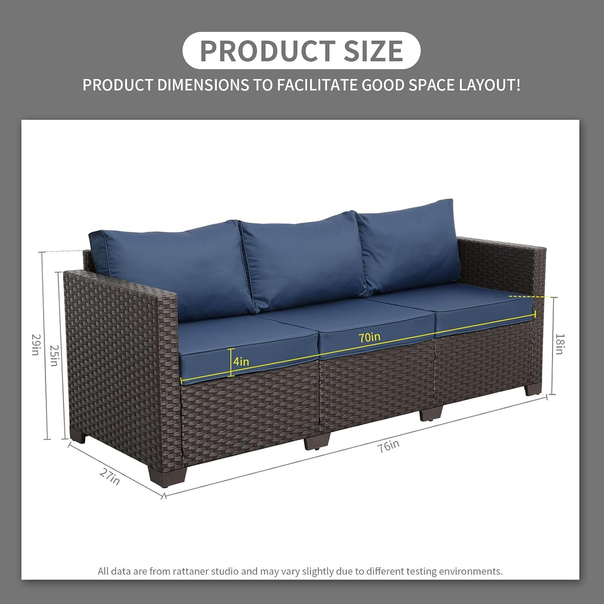 Cushioned Wicker 3‑Seater Outdoor Patio Sofa