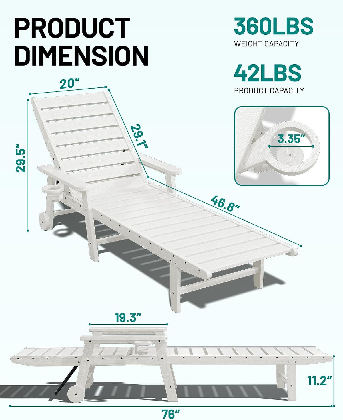 HDPE Adjustable Wheeled Outdoor Lounge Chairs