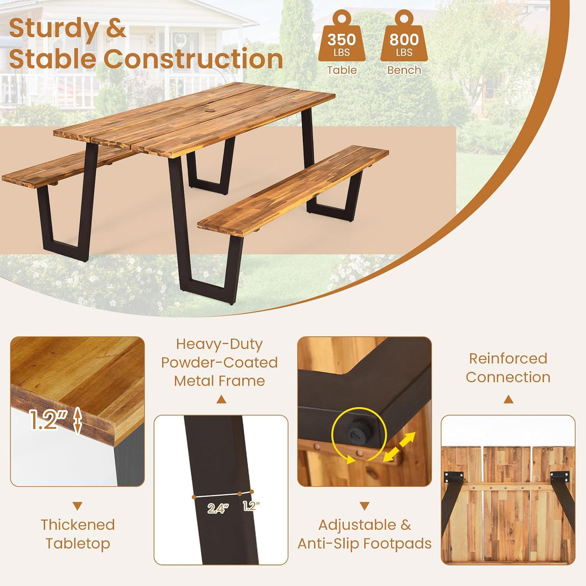 Acacia Wood Outdoor Picnic Table Set