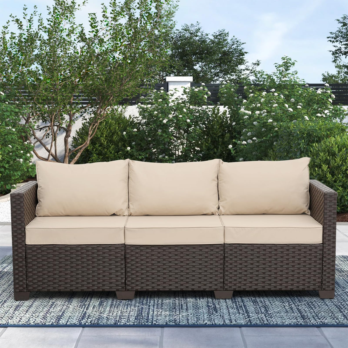Cushioned Wicker 3‑Seater Outdoor Patio Sofa