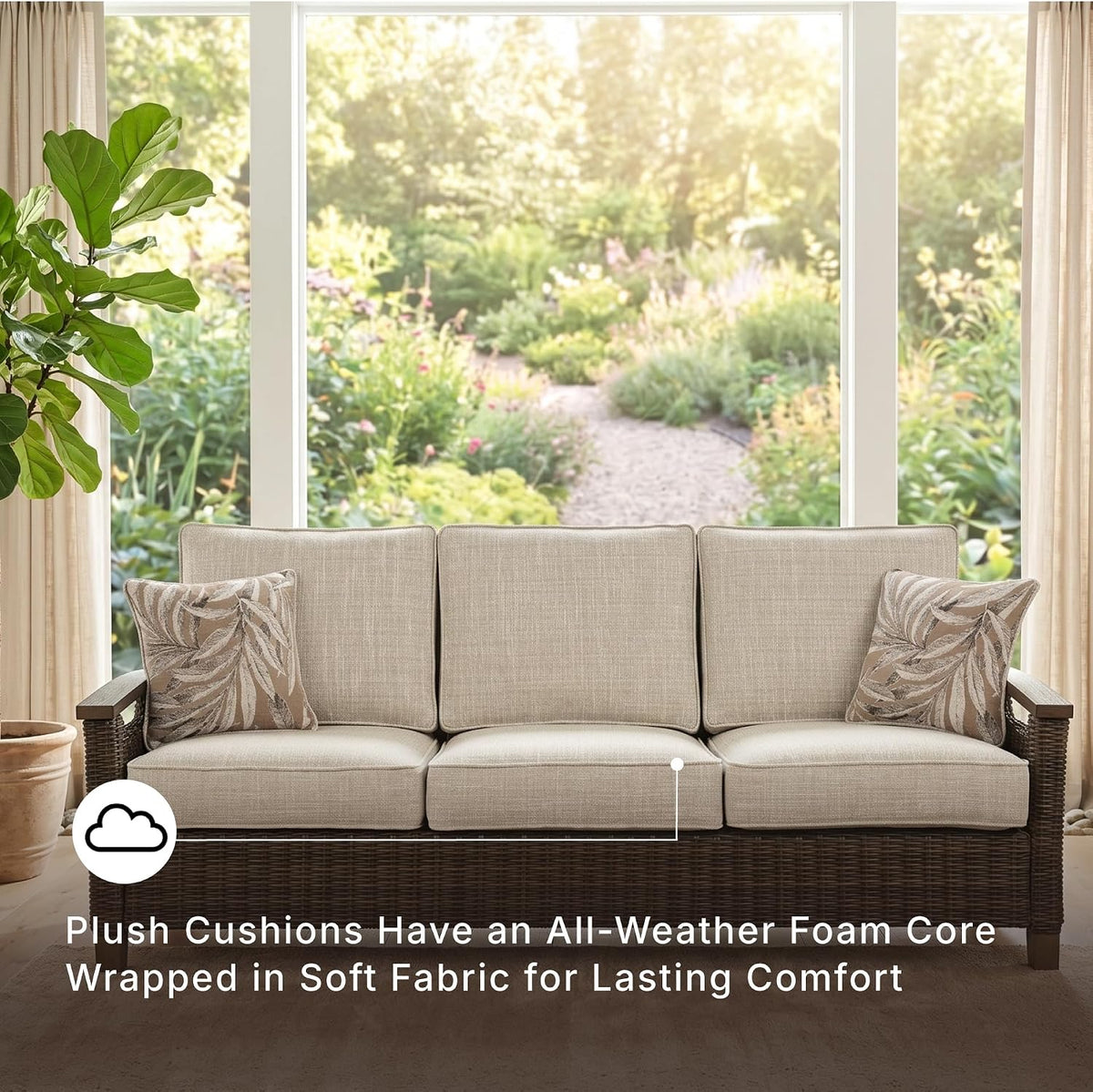 Cushioned Wicker 3‑Seater Outdoor Patio Sofa