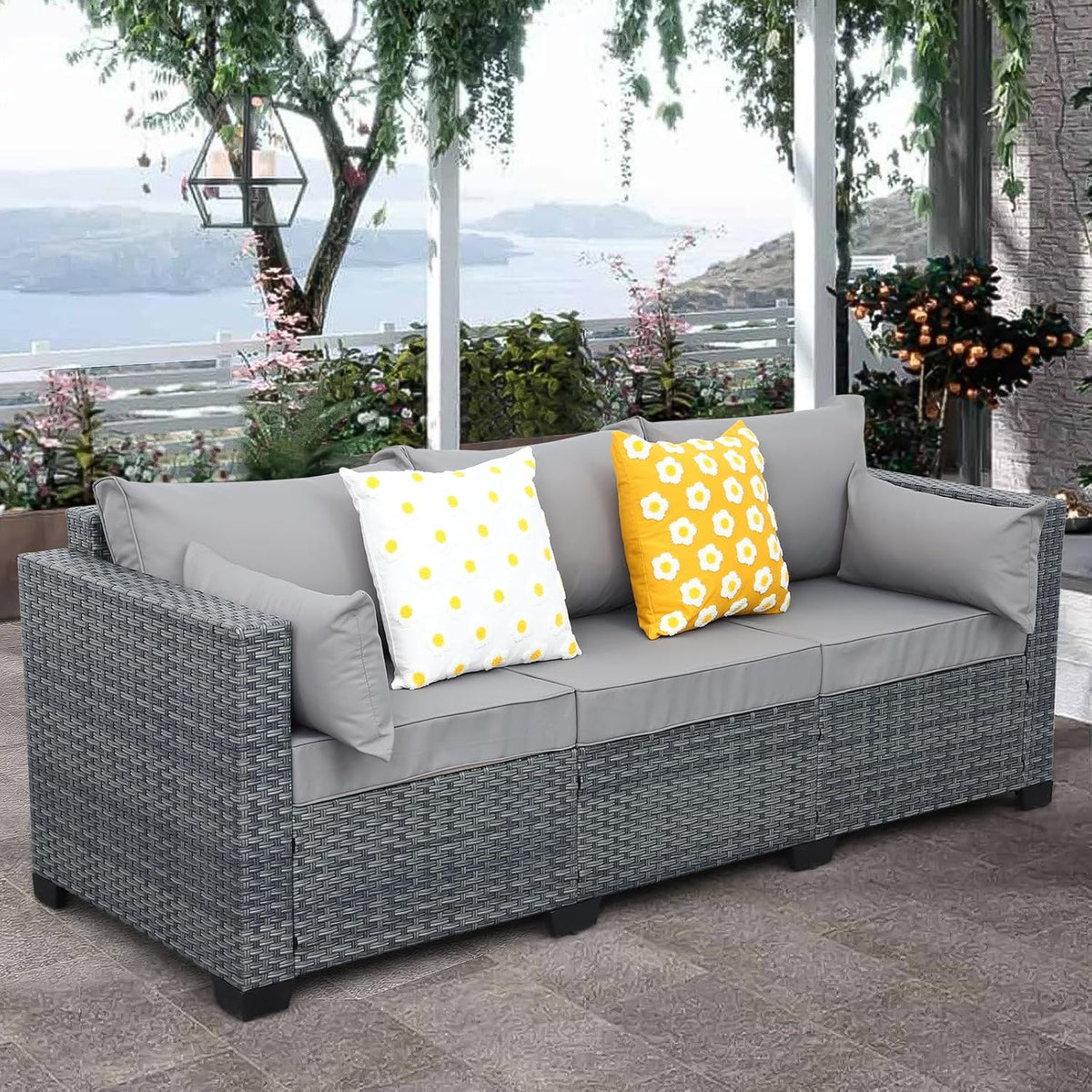 Cushioned Wicker 3‑Seater Outdoor Patio Sofa