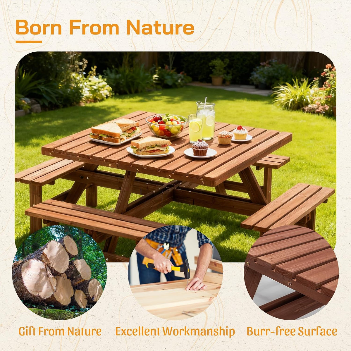 Wooden Square Outdoor Picnic Table Set