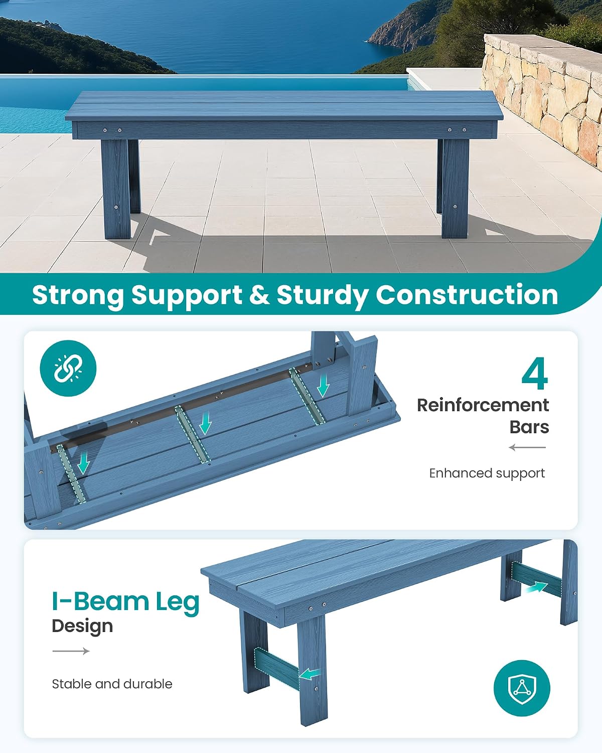 Navy HDPE Two‑Person Backless Bench