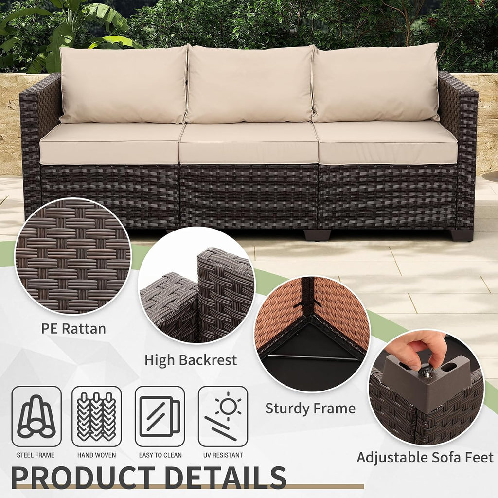 Cushioned Wicker 3‑Seater Outdoor Patio Sofa