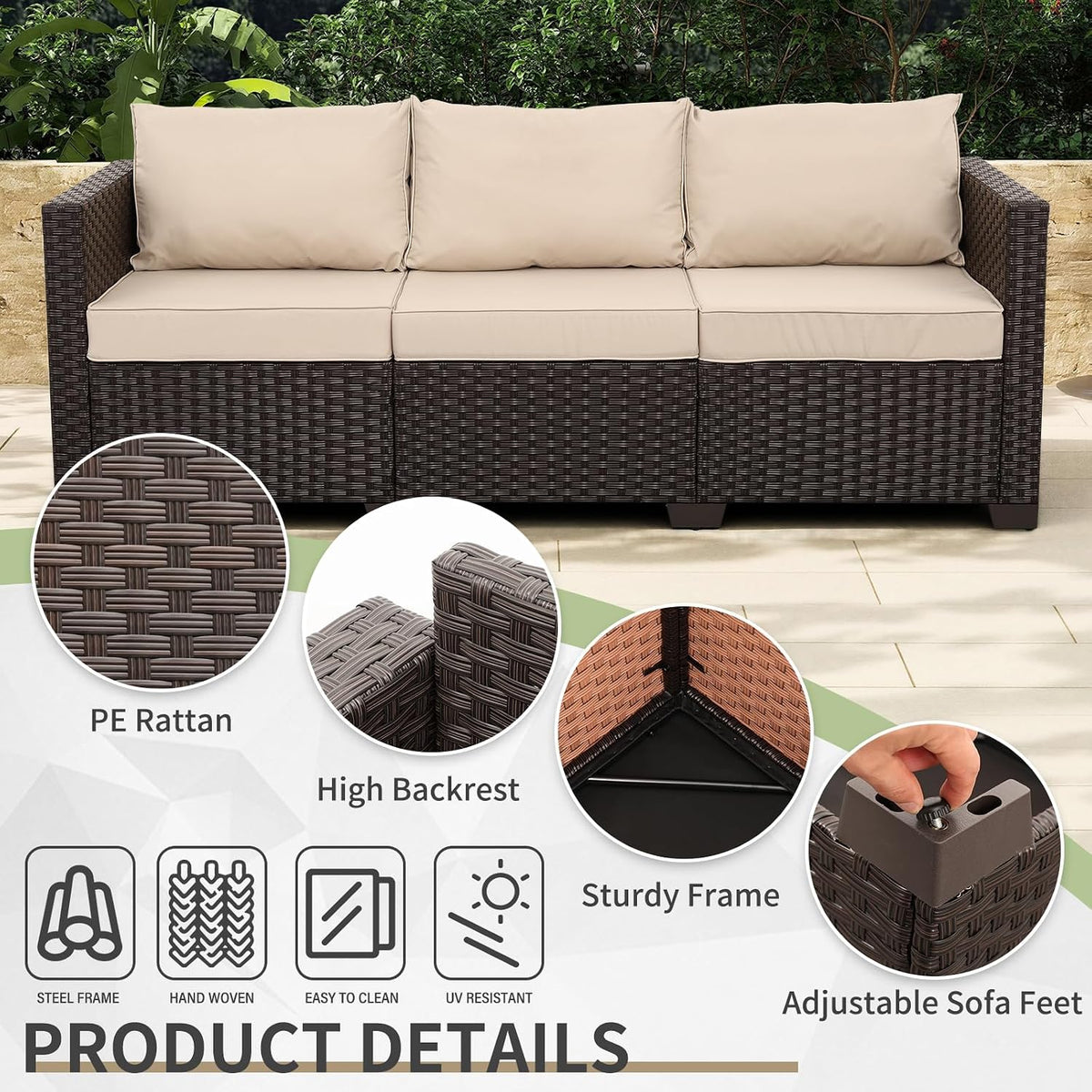 Cushioned Wicker 3‑Seater Outdoor Patio Sofa