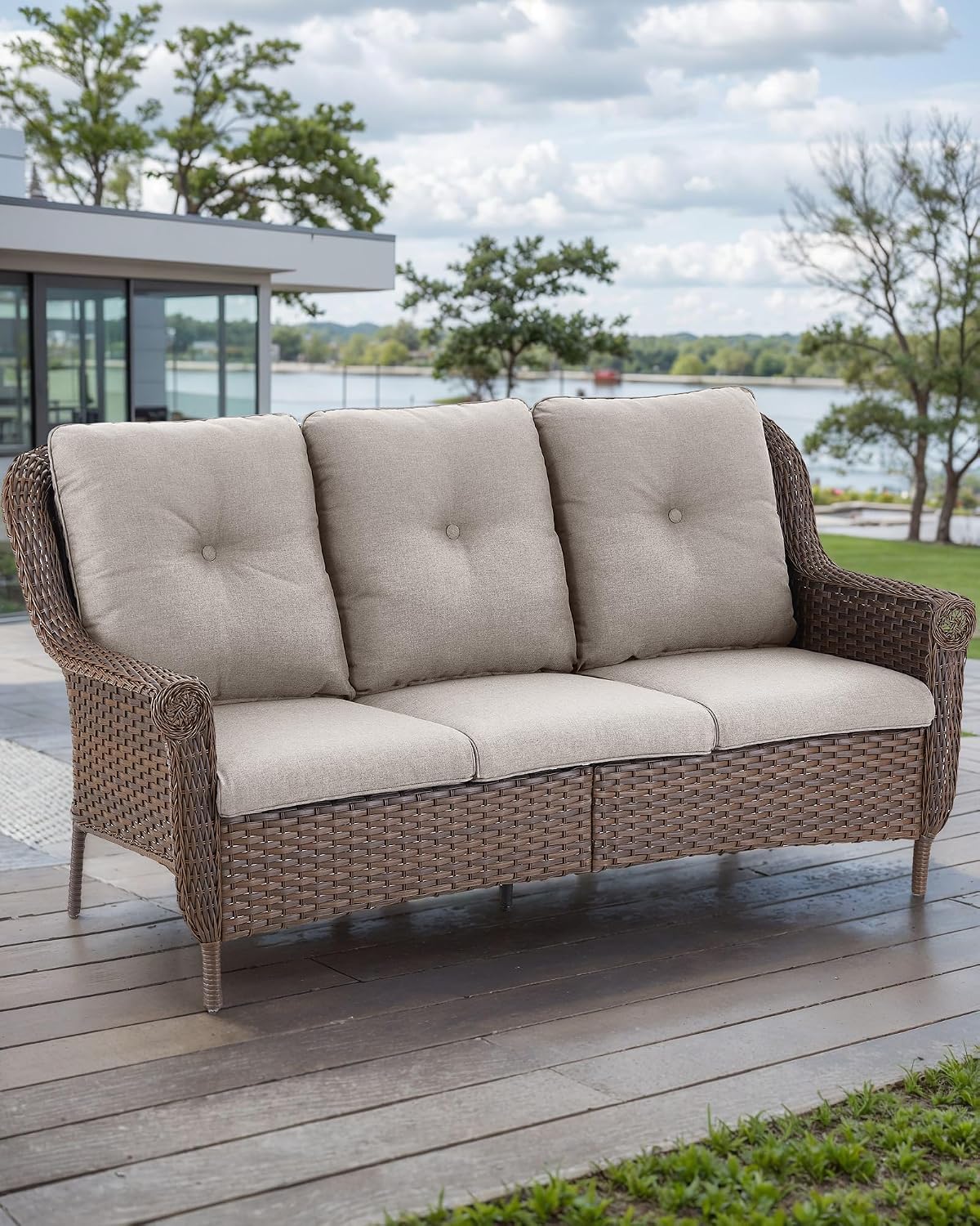 Cushioned Wicker 3‑Seater Outdoor Patio Sofa