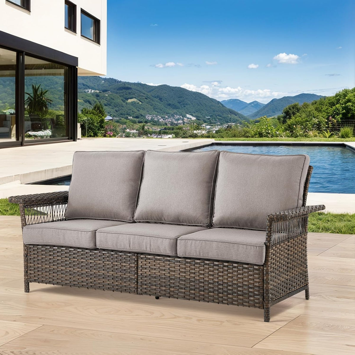 Cushioned Wicker 3‑Seater Outdoor Patio Sofa