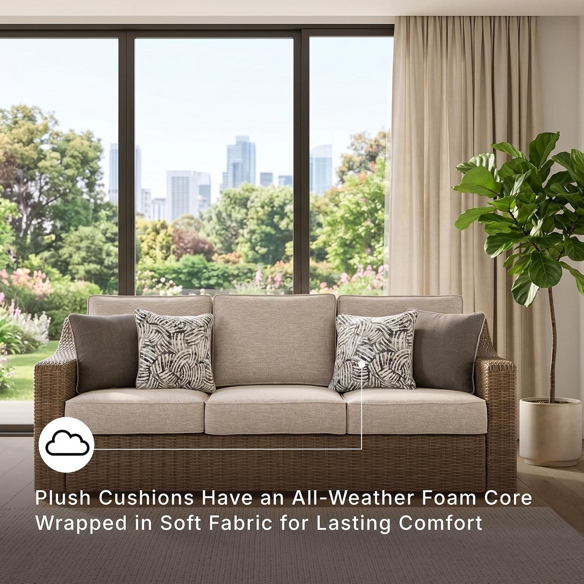 Cushioned Wicker 3‑Seater Outdoor Patio Sofa