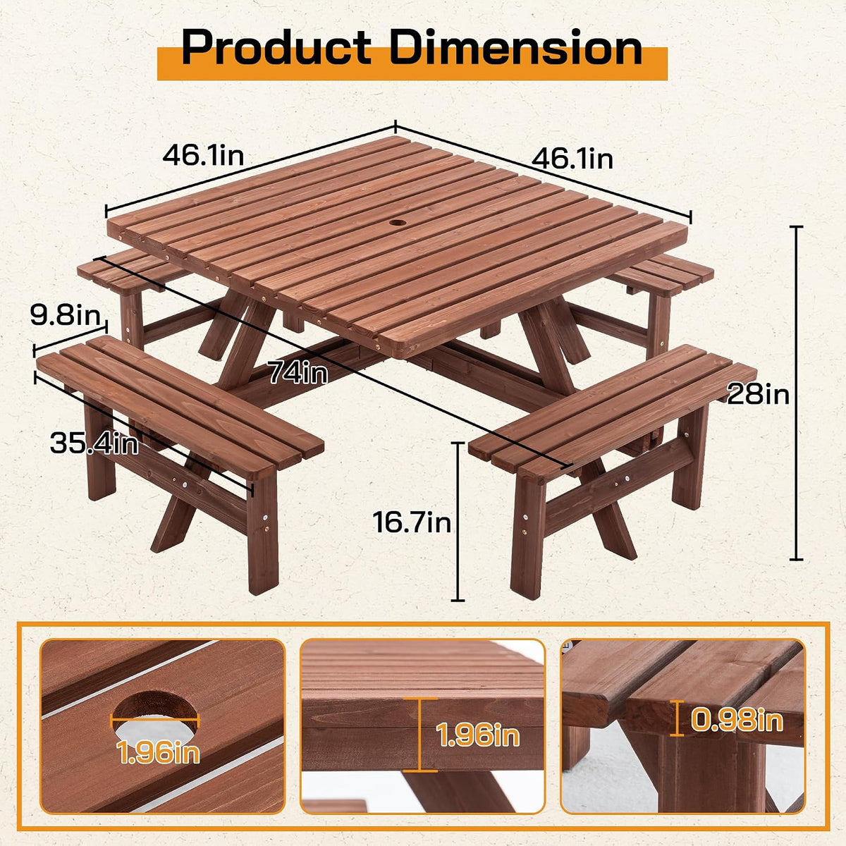 Wooden Square Outdoor Picnic Table Set