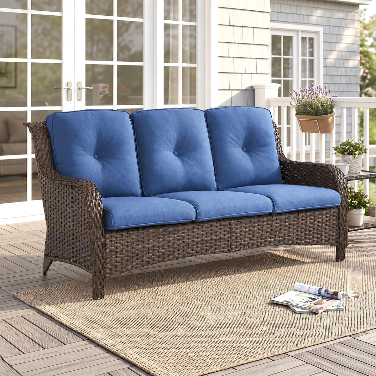 Cushioned Wicker 3‑Seater Outdoor Patio Sofa