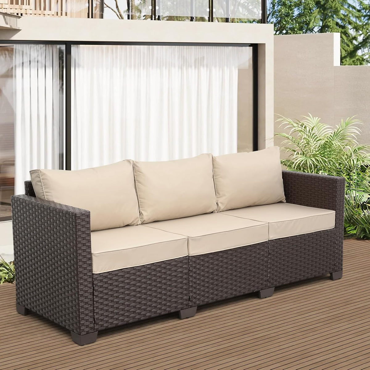 Cushioned Wicker 3‑Seater Outdoor Patio Sofa