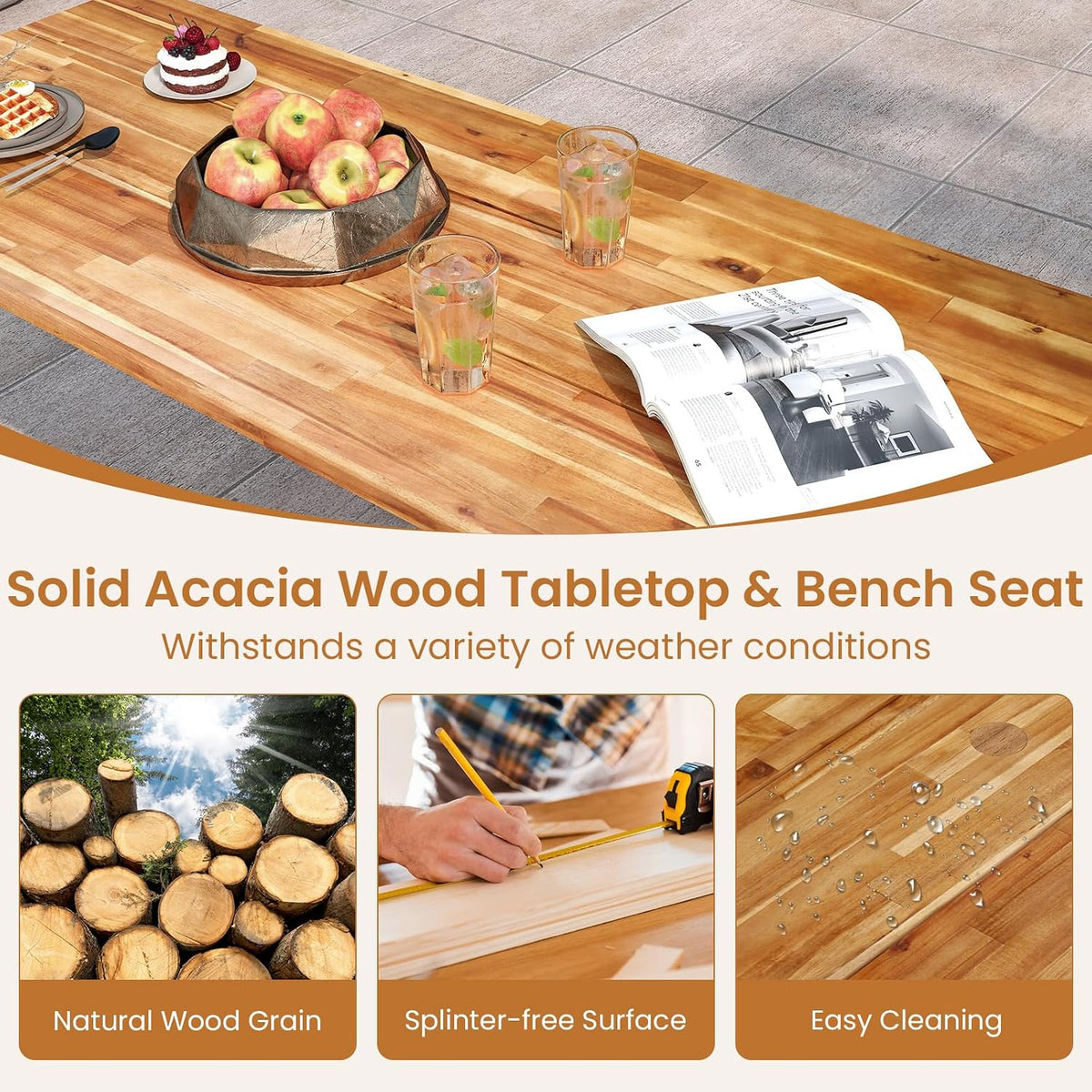 Acacia Wood Outdoor Picnic Table Set