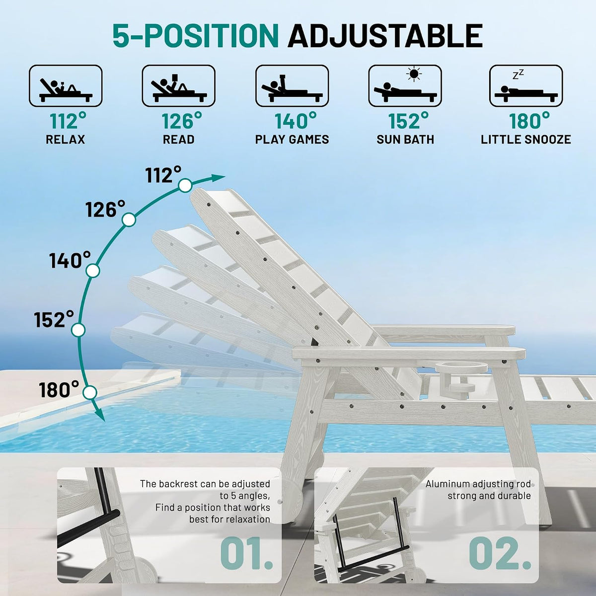 HDPE Adjustable Wheeled Outdoor Lounge Chairs