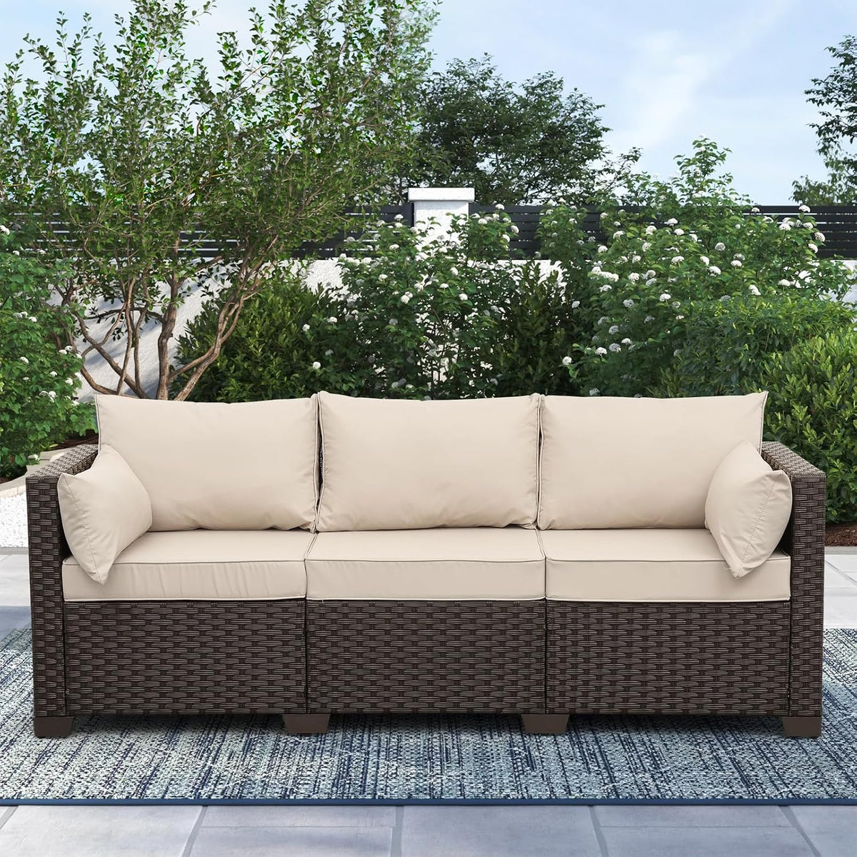 Cushioned Wicker 3‑Seater Outdoor Patio Sofa