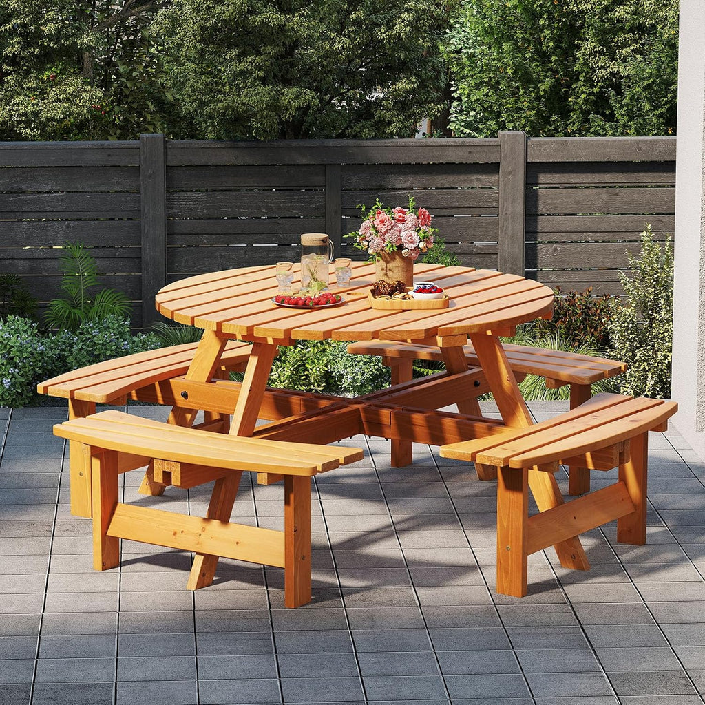 Wooden Round Outdoor Picnic Table Set